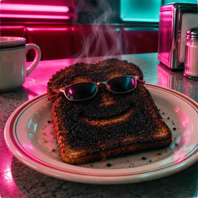 Burnt slice of toast wearing sunglasses on a diner plate in pink and aqua neon light