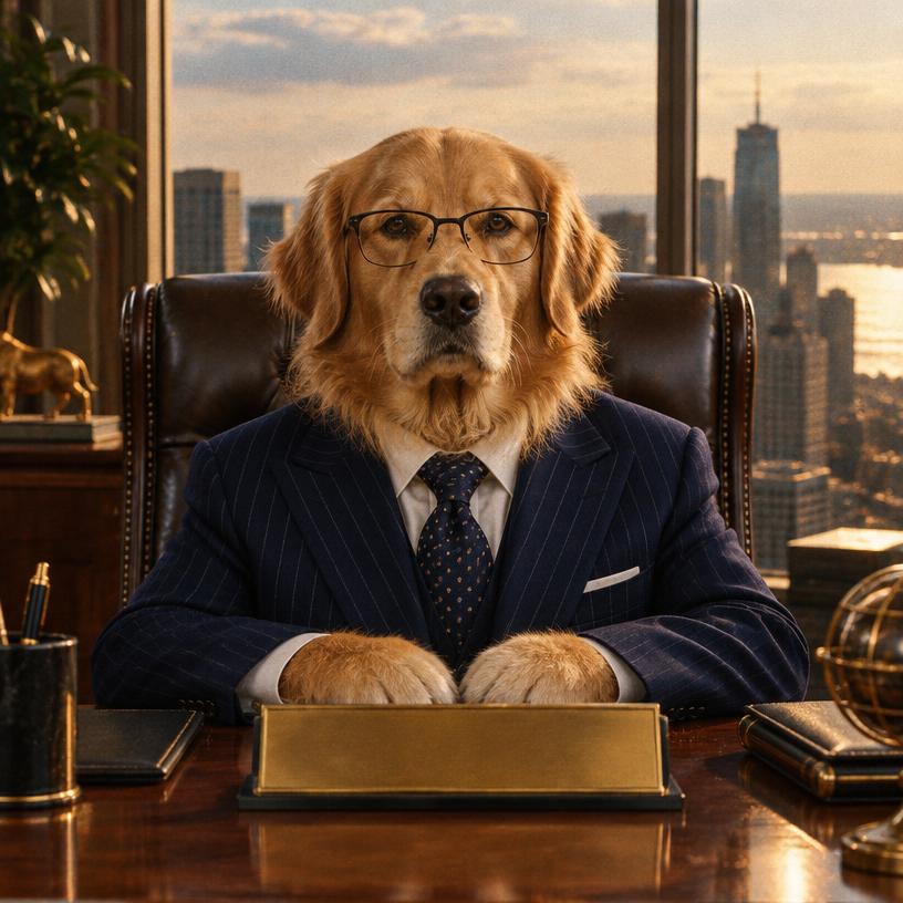 Golden retriever in a pinstripe suit at an executive desk