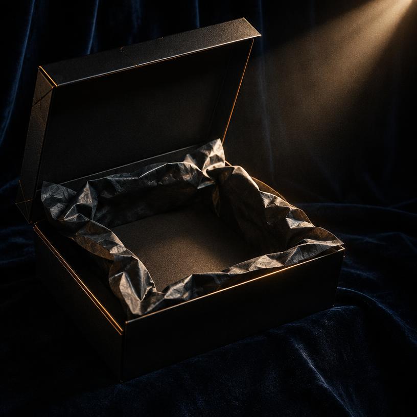 An opened luxury gift box with nothing inside under a spotlight