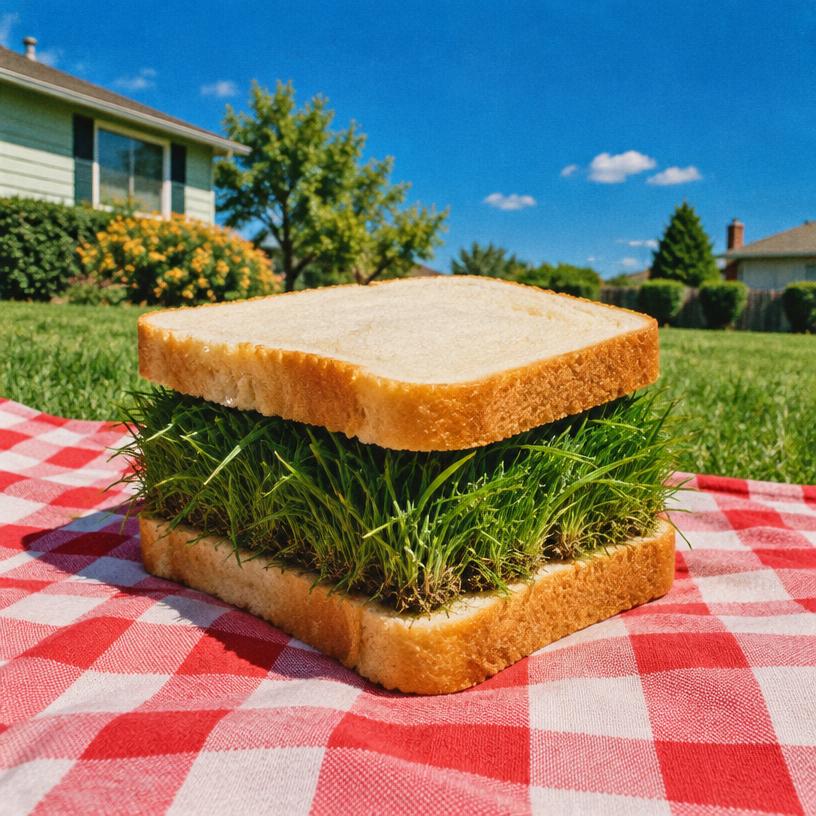 A sandwich filled with fresh grass on a picnic blanket