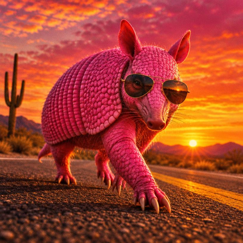 Hot pink armadillo in aviator sunglasses crossing a desert road at sunset