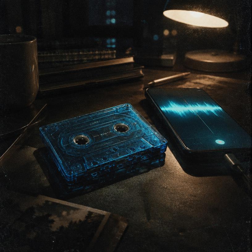 Blue cassette tape beside a phone glowing with a voice waveform at night