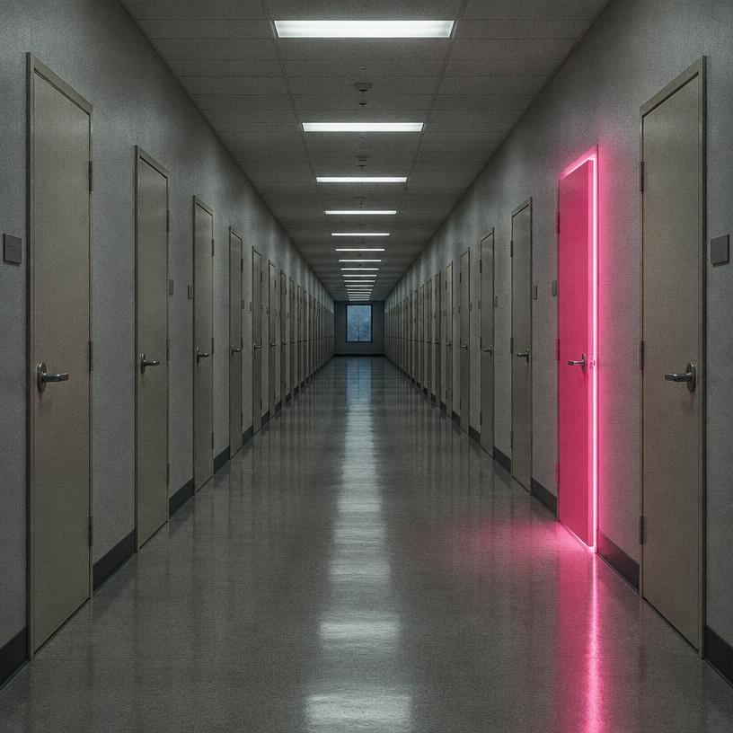 Gray office corridor where one door glows electric pink